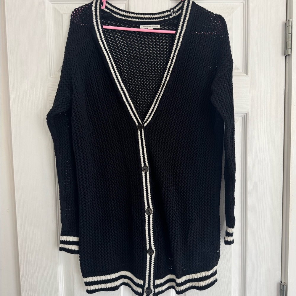 American eagle black and white crochet long sweater